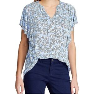 Chaps Boho Blue Floral Peasant Keyhole Front Tie